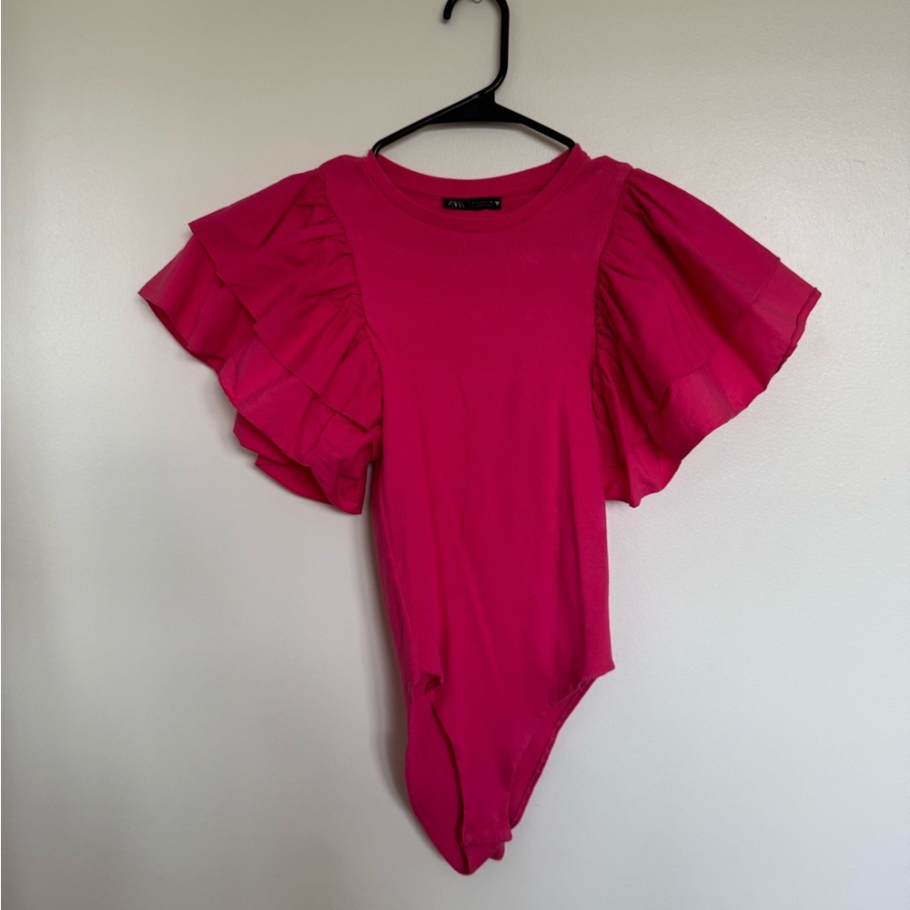 Zara Pink Asymmetrical Flutter Sleeve Bodysuit
